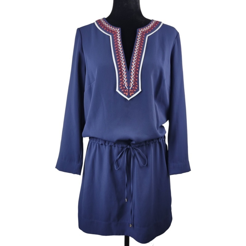 ✅ Laundry by Shelli Segal navy blue shirt dress embroidered neckline size S